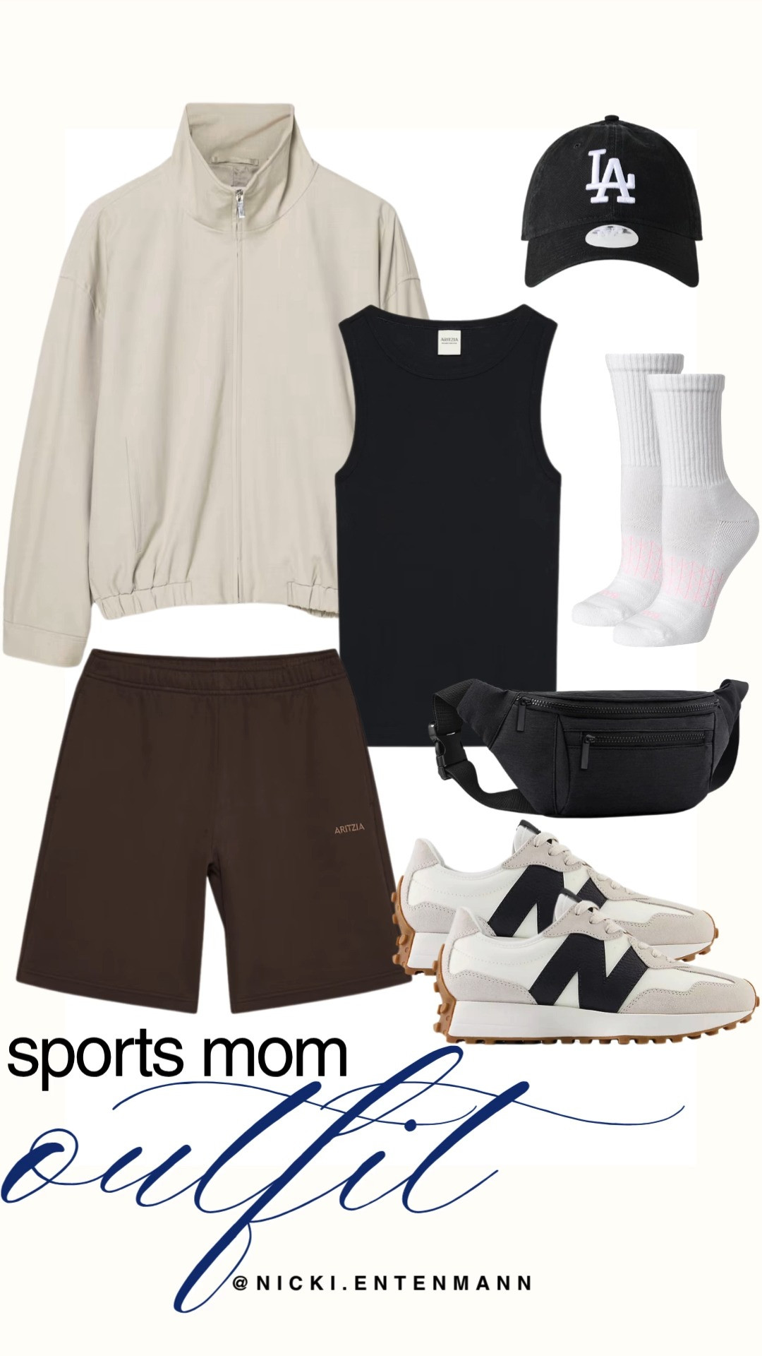 Stay comfortable and stylish on game days with this sports mom outfit. A black tank, brown lounge shorts, cream zip jacket, and retro sneakers pair perfectly with a belt bag, socks, and LA cap. #sportsmom #momstyle #athleisure #gamedayoutfit #casualstyle #streetstyle #outfitinspiration #everydayfashion #shoppinghaul #modernliving 🧢👟👜 

 #LTKootd #LTKmomlife #LTKSaleAlert