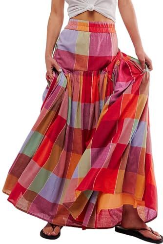 Women's Multicolour Plaid Print Ruched High Waist Casual Maxi Skirt | (US 16-18) XL | Amazon (US)