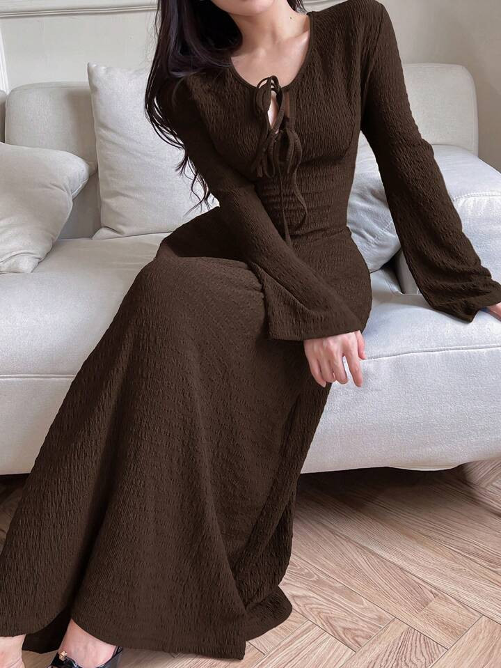 Feyla Women's Solid Color Front Tie Long Sleeve Casual Long Dress | SHEIN