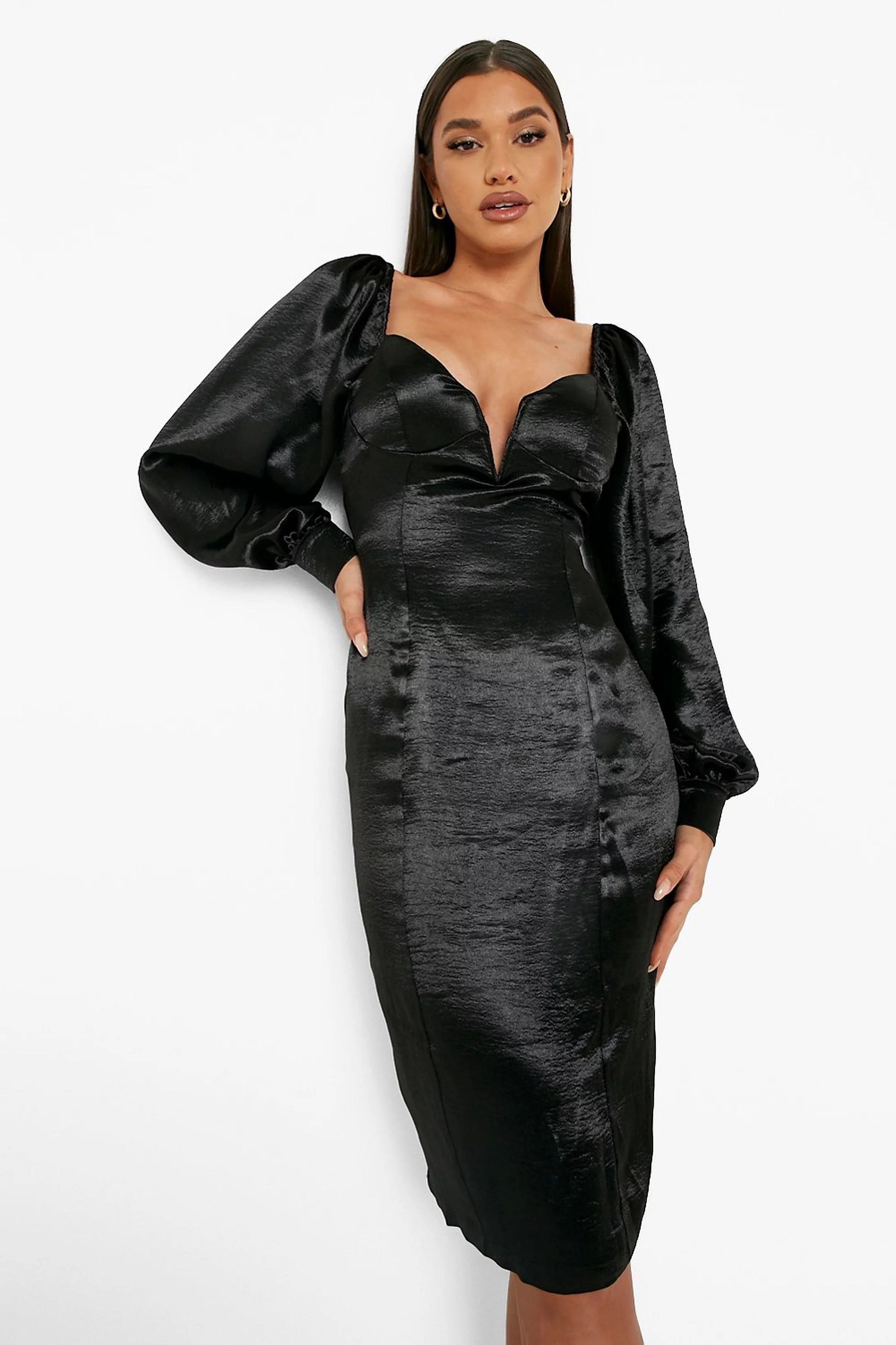 Satin Voluminous Long Sleeve Midi Dress | Boohoo.com (US & CA)