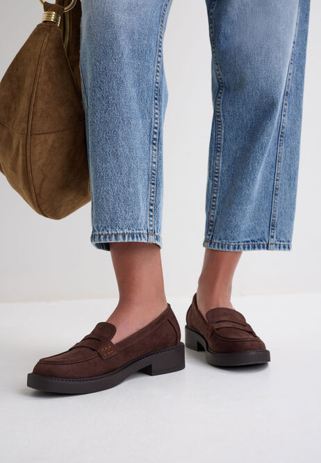 Womens Brown Suedette Chunky Penny Loafers | Peacocks