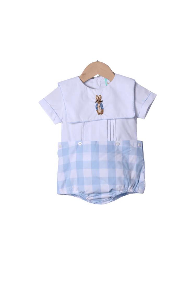 French Knot Peter Rabbit Blue Buffalo Check Diaper Set | The Smocked Flamingo