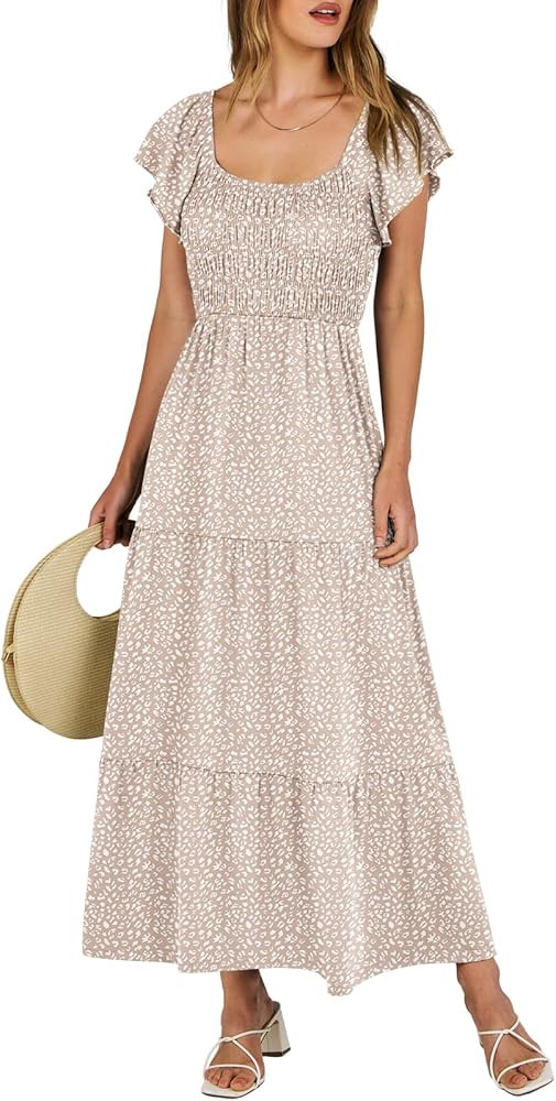 ANRABESS Women’s Casual Summer Maxi Dress Flutter Short Sleeve Scoop Neck Smocked A Line Flowy ... | Amazon (US)