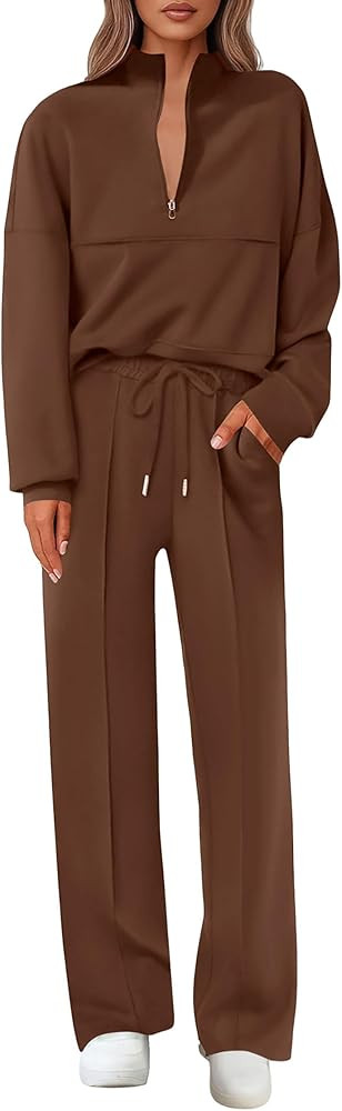 Lazysmile 2 Piece Sets For Women Lapel Half Zip Sweatshirt and Wide Leg Long Pants Sweatsuit Loun... | Amazon (US)