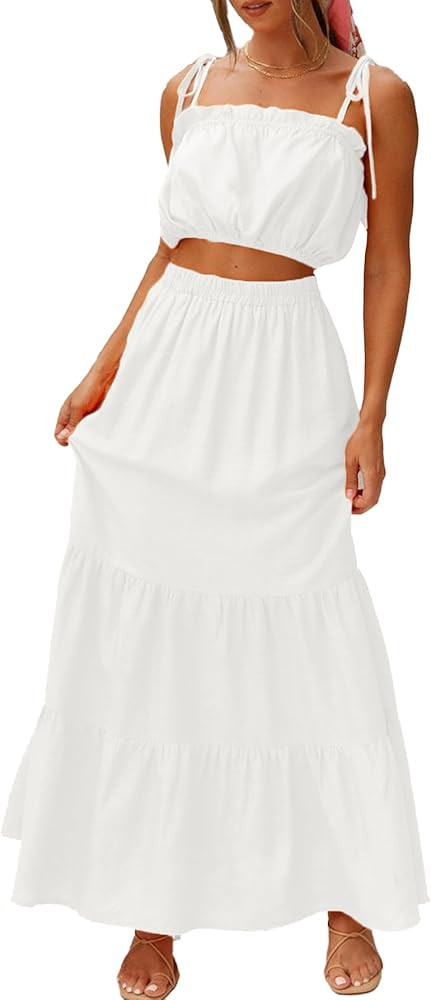 Umenlele Women's 2 Piece Outfit Casual Sleeveless Crop Top Layered Ruffle Maxi Skirt Set | Amazon (US)