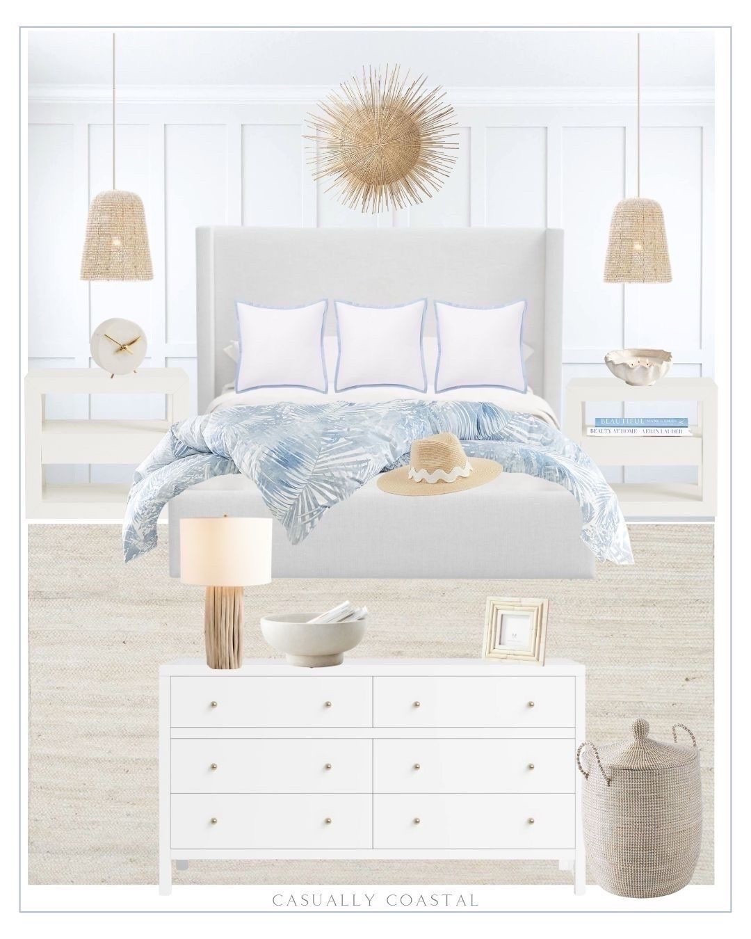 If you've always wanted a primary bedroom that makes you feel like you’re at a luxury beach resort, I hope this design inspires you! 🌊 
----
Coastal home decor, primary bedroom ideas, master bedroom ideas, beach bedroom ideas, beach house bedroom ideas, coastal rug, bedroom rug, jute rugs, neutral rugs, 8x10 rugs, 9x12 rugs, 10x13 rugs, 12x15 rugs, oversized rugs, coastal beds, linen beds, platform beds, white beds, upholstered beds, queen size beds, king size beds, beach resort bedroom, coastal lamp, coastal bedding, woven baskets, lidded baskets, hampers, coastal pillows, bed pillow styling, coastal nightstands, 100% linen wingback bed, 6 drawer dresser, wayfair dresser, coastal duvet cover, palm percale duvet cover, all season down feather comforter, coastal comforter, amazon bedding, amazon down comforters, wood bead bell pendant, coastal pendant light, bedroom lighting, white nightstand, nightstands with shelves, nightstand with drawers, wide nightstands, pottery barn bedding, serena & lily bedding, white Euro shams, coastal wall decor, wall decor above bed, wall baskets, coastal wall art, braided jute area rug, off white rug, wayfair rugs, percale embroidered sham, pottery barn table lamp, dresser decor, nightstand decor, shell candle, coastal candle, terracotta bowl, coastal bowls, marble clock, Serena & lily basket, coastal bench, bone frames, coastal picture frame, fedora hat, Amazon coffee table books, coastal books, bedroom accessories, pendant lights above nightstand, long white dressers, 6-drawer dressers, wayfair dressers

#LTKHome