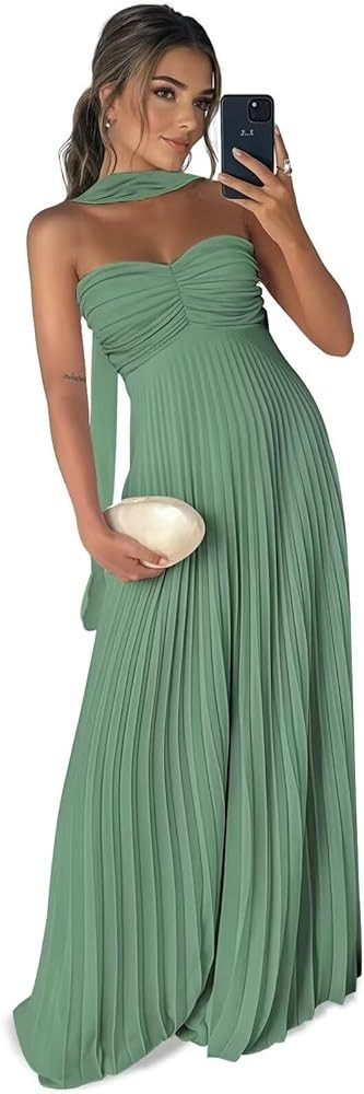 Long Chiffon Bridesmaid Dresses for Women Pleated Strapless Maxi Formal Evening Gown with Long Sc... | Amazon (US)