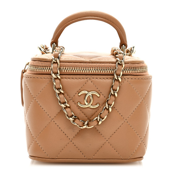 Lambskin Quilted Top Handle Mini Vanity Case With Chain Beige | FASHIONPHILE (US)