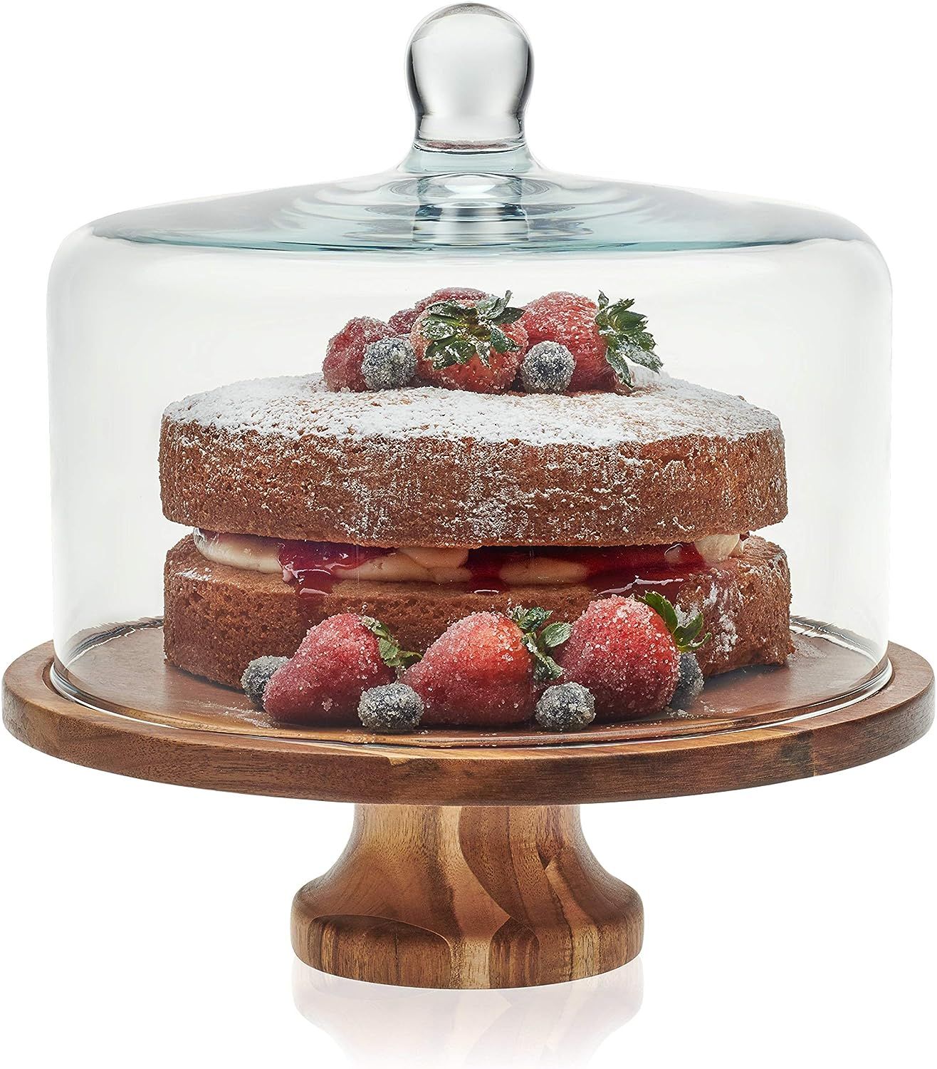Libbey Acaciawood Footed Round Wood Server Cake Stand with Glass Dome | Amazon (US)