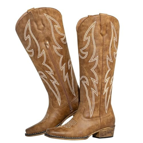 SheSole Women's Western Cowgirl Boots Knee High Embroidered Square Toe Cowboy Boots Side Zipper Tan Size 8 | Amazon (US)
