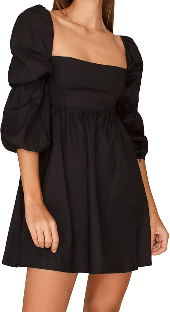 EXLURA Womens Square Neck Dress Long Puff Sleeve A-Line Casual Short Mini Dress | Amazon (US)