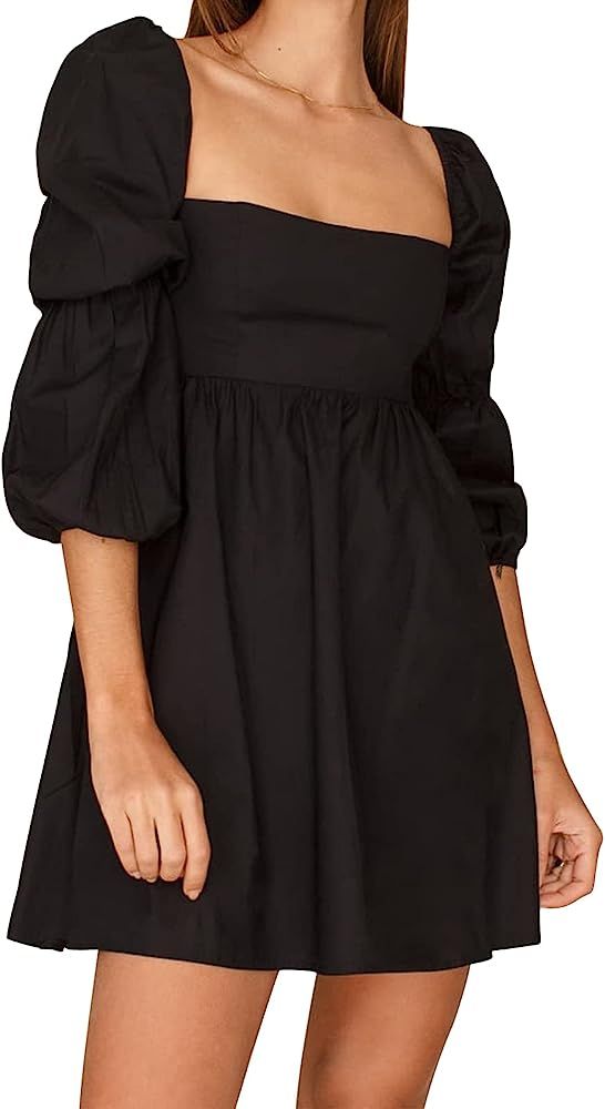 EXLURA Womens Square Neck Dress Long Puff Sleeve A-Line Casual Short Mini Dress | Amazon (US)