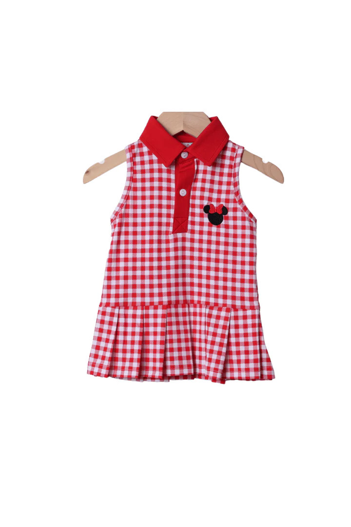 Embroidered Red Gingham Mouse Tennis/Park Dress | The Smocked Flamingo