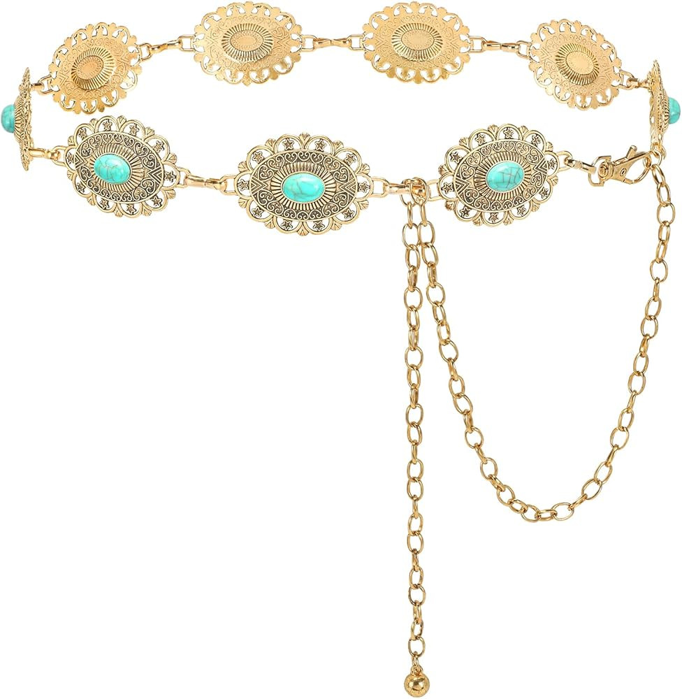 YBO Women Concho Chain Belt Metal Link Western Cowgirl Turquoise Chains Belt for Dress | Amazon (US)