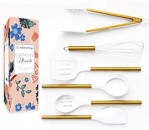 STYLED SETTINGS White Silicone and Gold Cooking Utensils for Modern Cooking and Serving, Stainless S | Amazon (US)