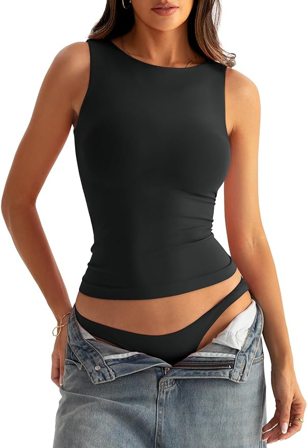 Womens Boat Neck Seamless Tank Tops Sleeveless Double Layering Shirts Basic Going Out Tops Summer... | Amazon (US)