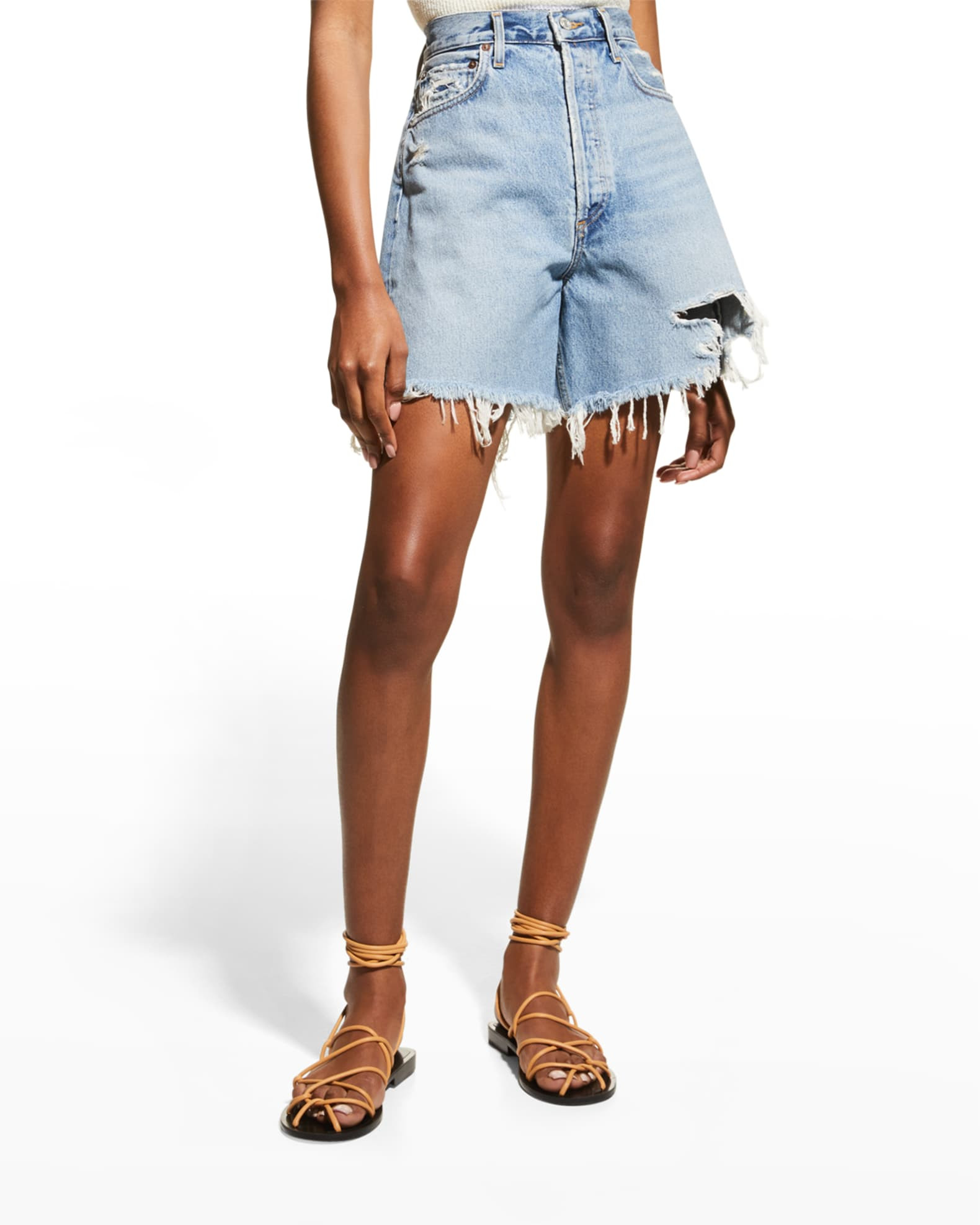 AGOLDE Stella Distressed High-Rise Baggy Jean Shorts | Neiman Marcus