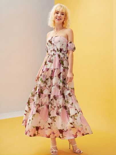 SHEIN X Lilee Floral Print Off Shoulder Tiered Hem Dress | SHEIN