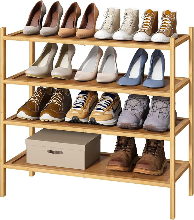 4-Tier Shoe Rack for Entryway, Bamboo Wood Shoe Rack 4-Tier, Stackable Shoe Organizer for Closet,... | Amazon (US)
