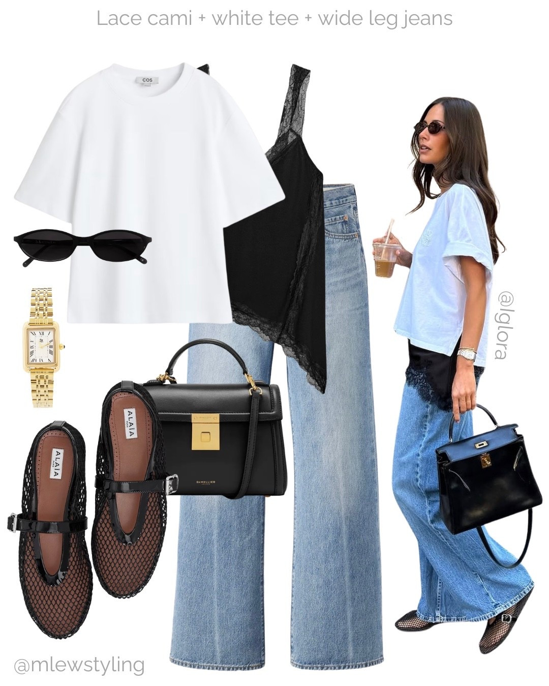Spring to summer transitional outfit 🖤

Inspired by @lglora 
Tags: wide leg denim, Levi’s rib cage jean, white tee, new-in zara lace cami, alaia mesh ballet flats, top handle bag, revolve black sunglasses, gold watch, neutral blue aesthetic, capsule wardrobe, elevated look

#LTKjeans #LTKsummer #LTKstyletip