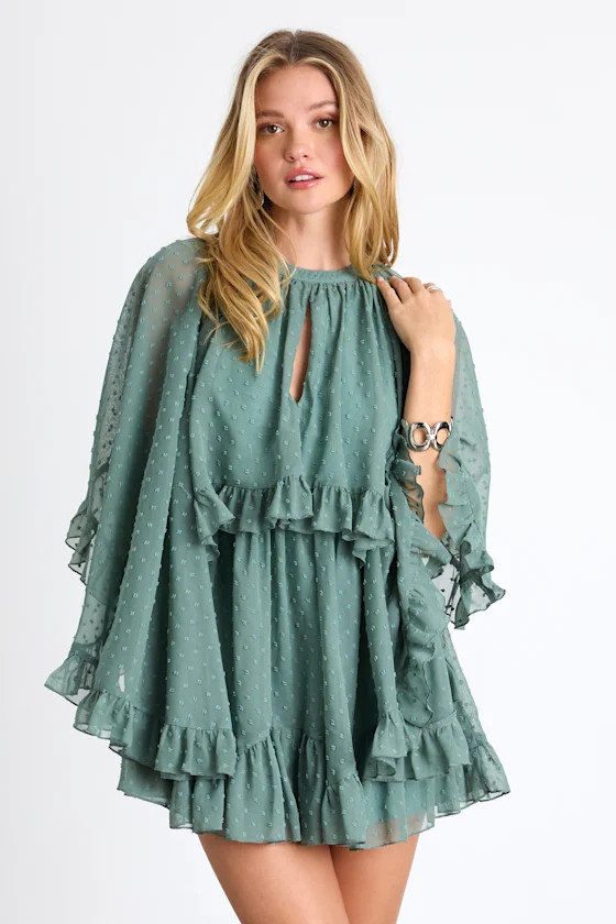 Rhozie Sage Blue Swiss Dot Cape Sleeve Tiered Mini Dress | Lulus