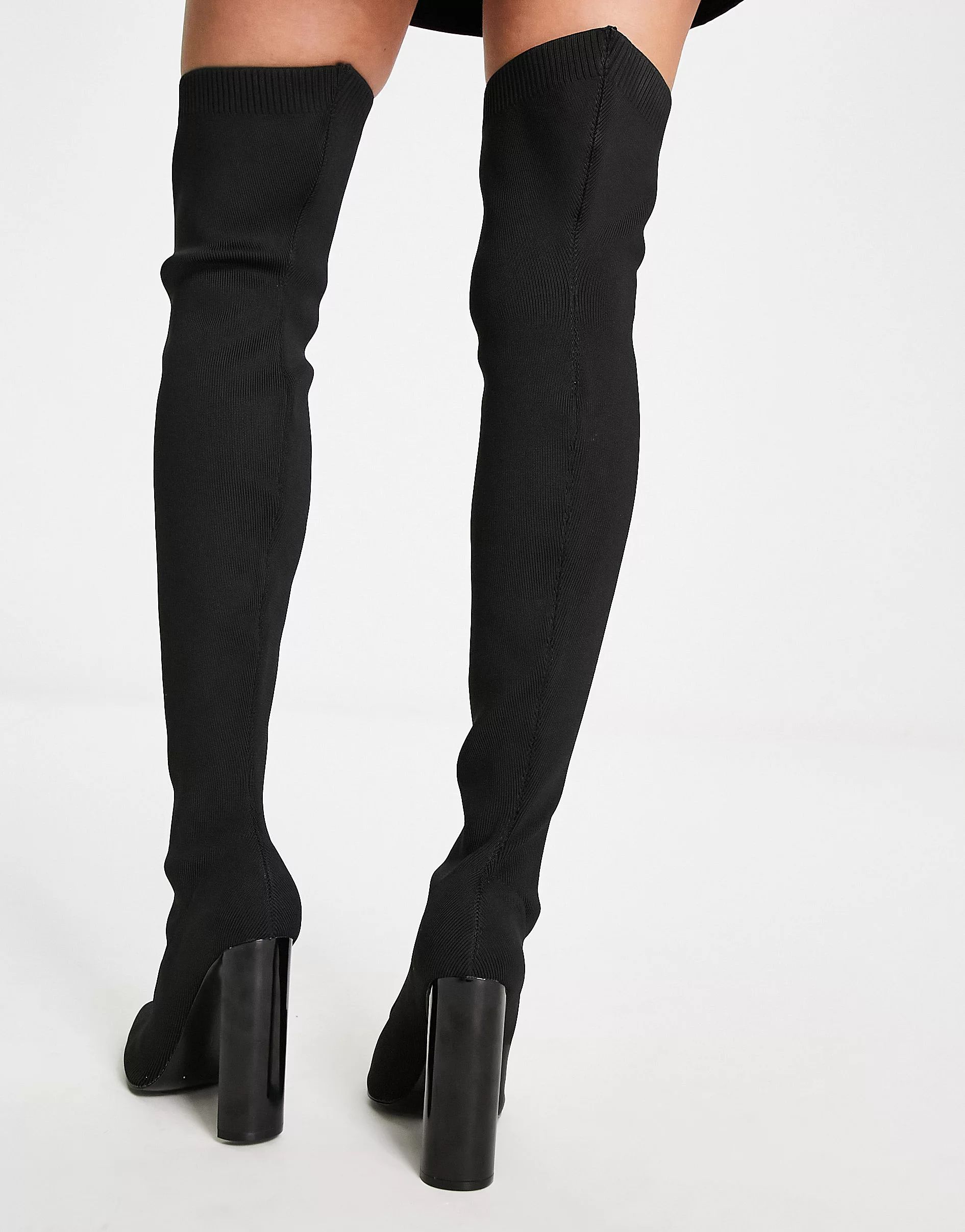ASOS DESIGN Wide Fit Kylee high-heeled knitted over the knee boots in black | ASOS (Global)