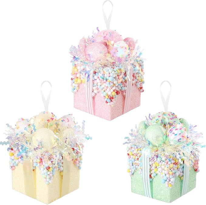 Christmas Tree Gift Boxes Ornaments, Set of 3 Pastel Pink Yellow Green Glittered Christmas Tree P... | Amazon (US)