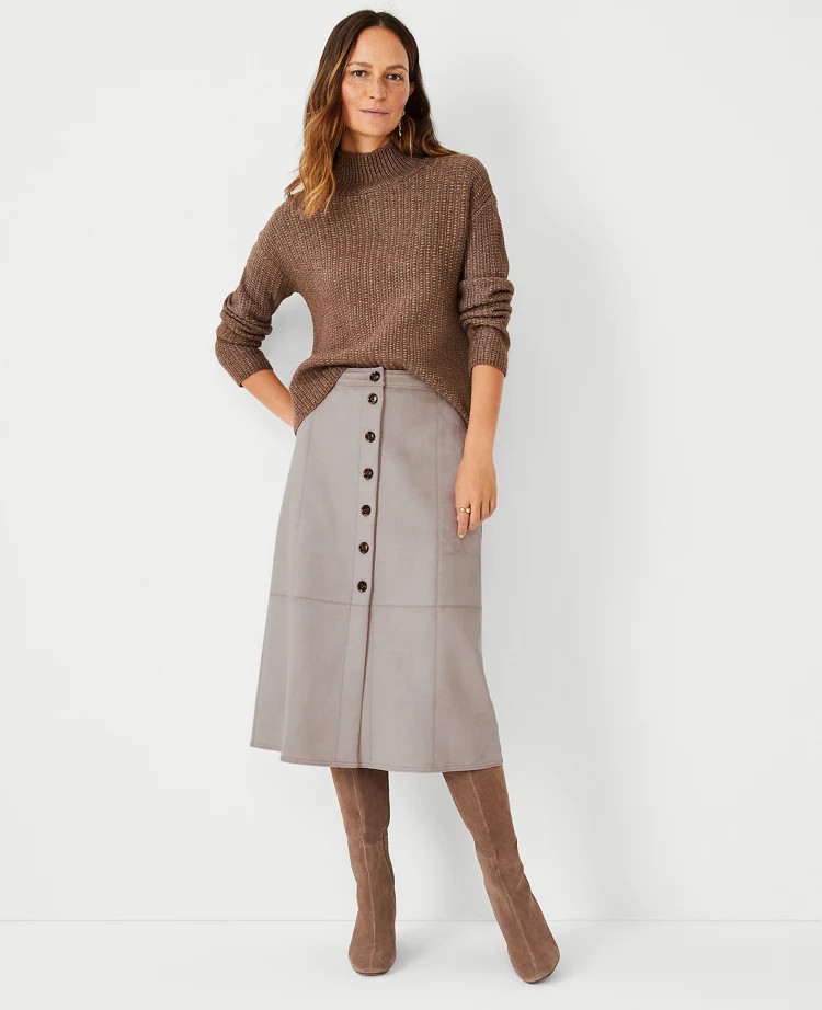Petite Faux Suede Button Front Midi Skirt | Ann Taylor (US)