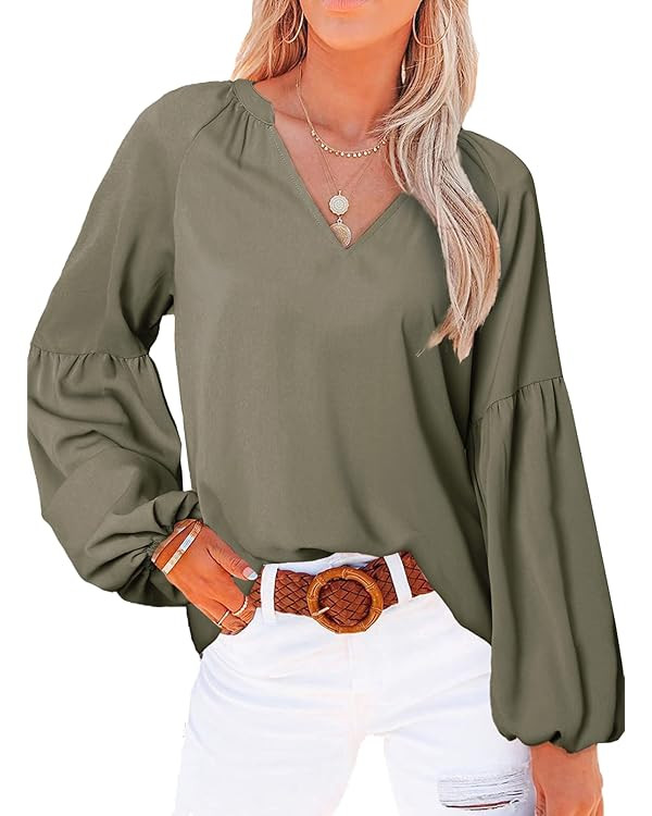 BTFBM Women Casual Boho Blouse Fashion Floral Shirts V Neck Long Puff Sleeve Lightweight Chiffon ... | Amazon (US)