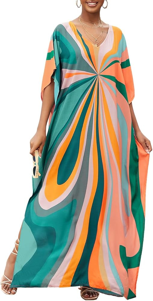 Bsubseach Kaftan Dresses for Women V Neck Batwing Sleeve Plus Size Caftans Swimwear Coverups Maxi... | Amazon (US)