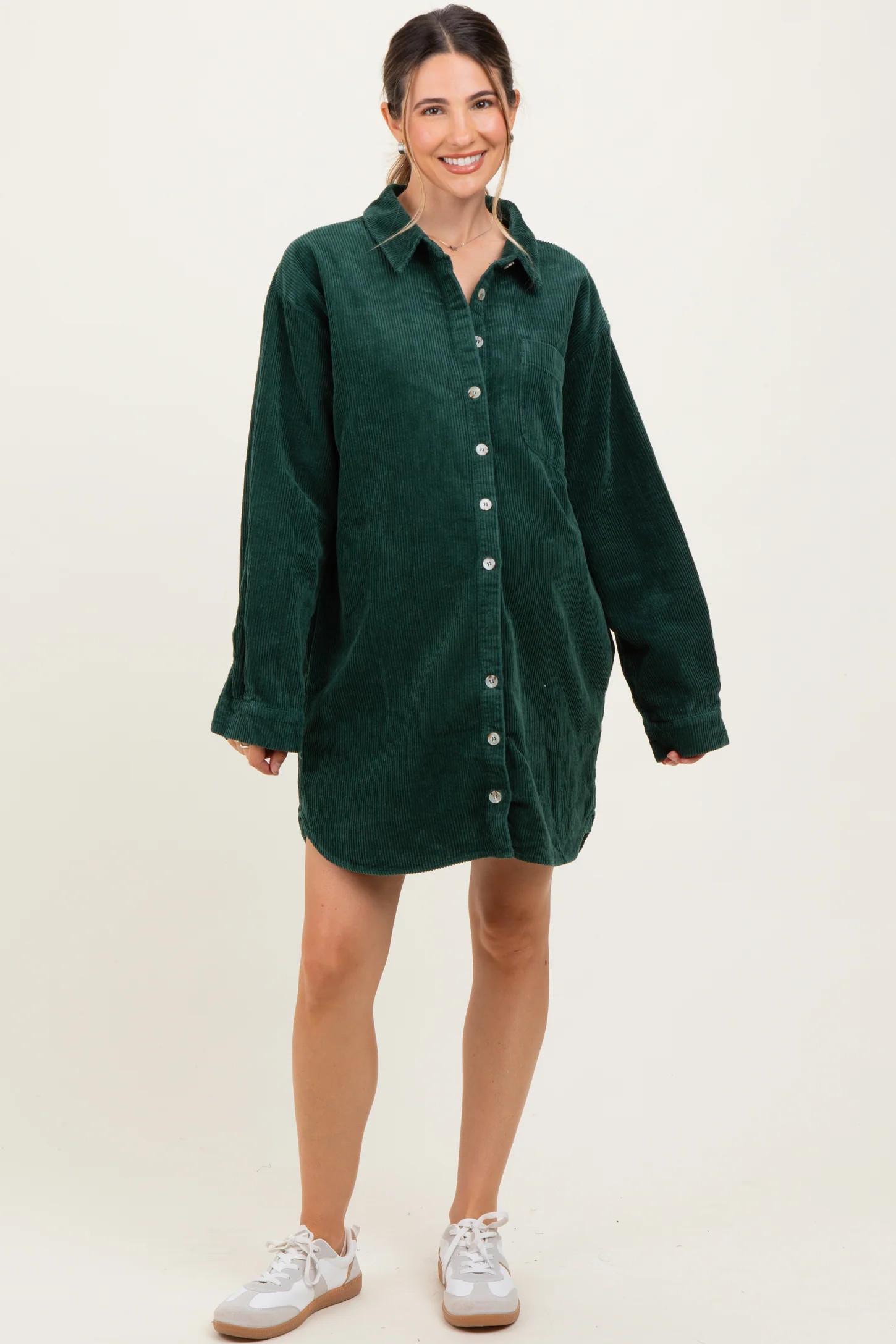 Forest Green Corduroy Maternity Shirt Mini Dress | PinkBlush Maternity