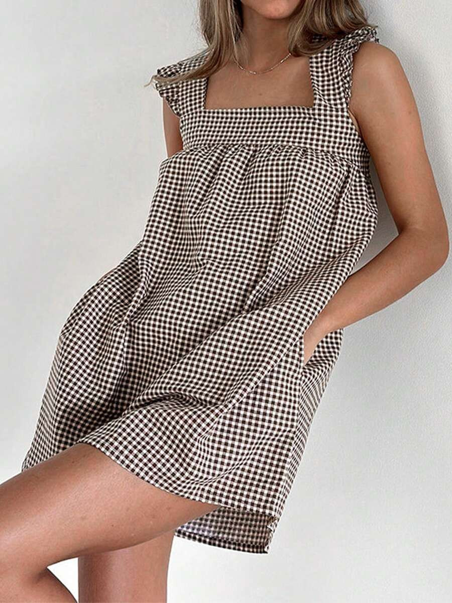 Women's Y2k Gingham Babydoll Dress Ruffle Trim Strap Sleeveless Square Neck Loose Fit A-Line Cami... | SHEIN