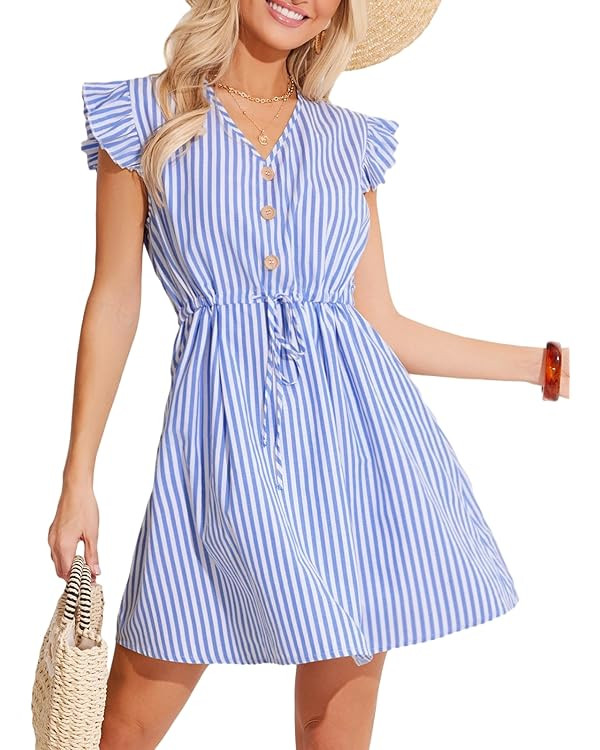 CUPSHE Women's Stripes Mini Dress Tie Waist Ruffle Flutter Cap Sleeve V Neck Smocked Short Dress | Amazon (US)