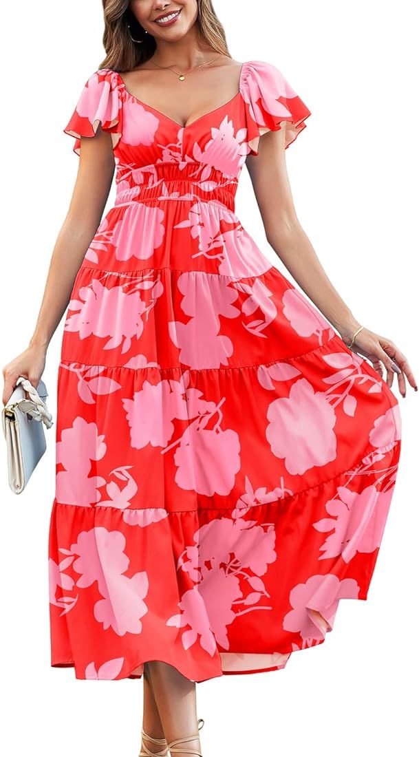 Jusfitsu Flowy Maxi Dresses for Women 2024 Summer Dress with Pockets Flutter Sleeve V Neck Long B... | Amazon (US)
