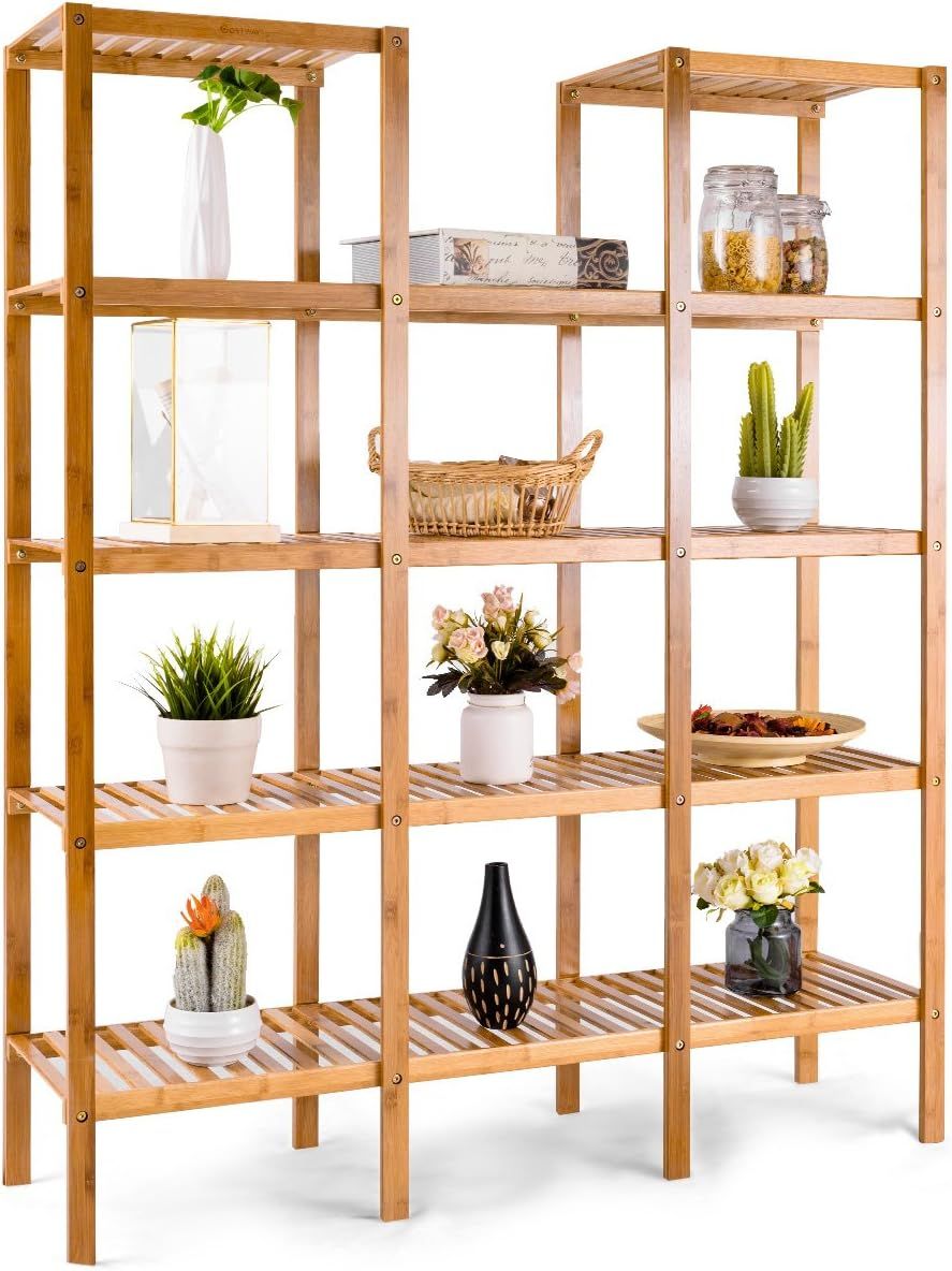 COSTWAY Bamboo Utility Shelf Bathroom Rack Plant Display Stand 5-Tier Storage Organizer Rack Cube... | Amazon (US)