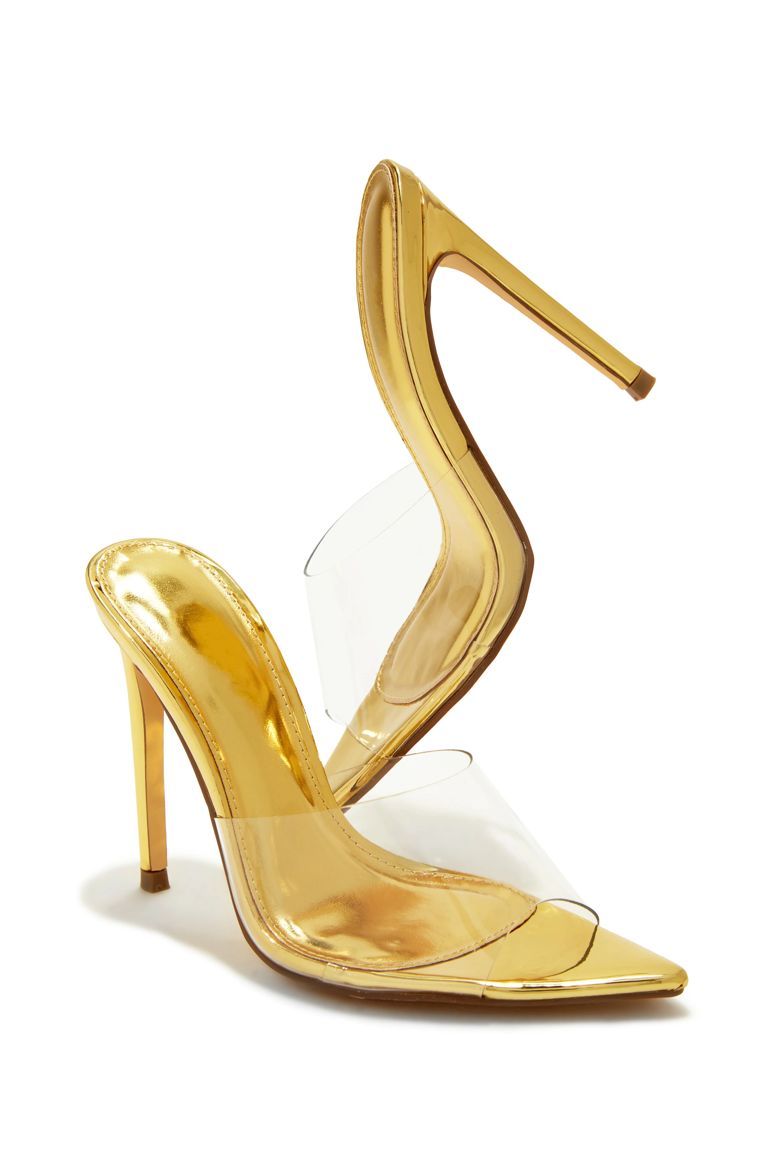 Miss Lola | Ionic Gold Clear Strap High Heel Mules | MISS LOLA