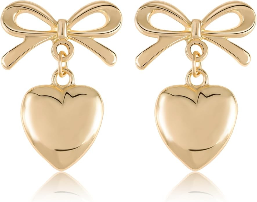Gold Bow Earrings Silver Dainty Statement Earrings, Cute Ribbon Stud Classic Heart Dangle Earring... | Amazon (US)