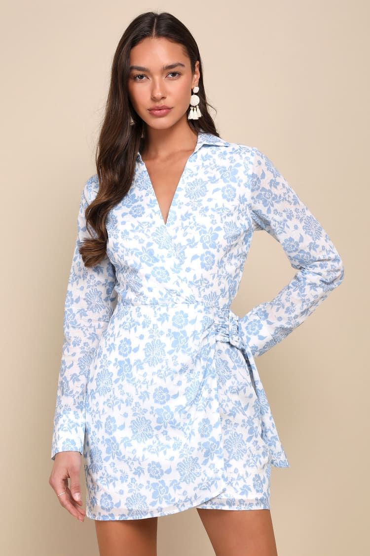 Made to Charm White and Blue Floral Collared Buckle Mini Dress | Lulus