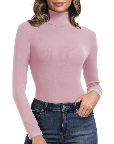 PALINDA Women's Ribbed Pink Turtleneck Fitted Long Sleeve Shirts Basic Thermal Layering Tops(L) | Amazon (US)