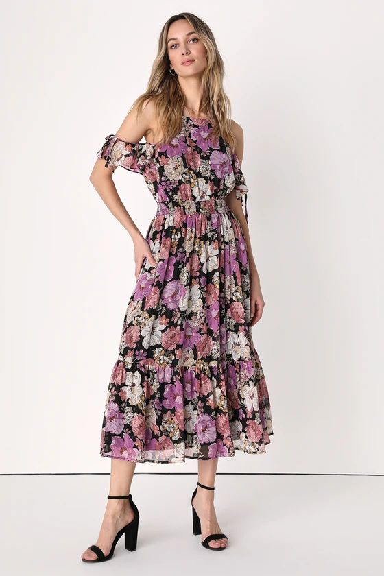 Blooming Aspiration Black Multi Floral Cold-Shoulder Midi Dress | Lulus (US)