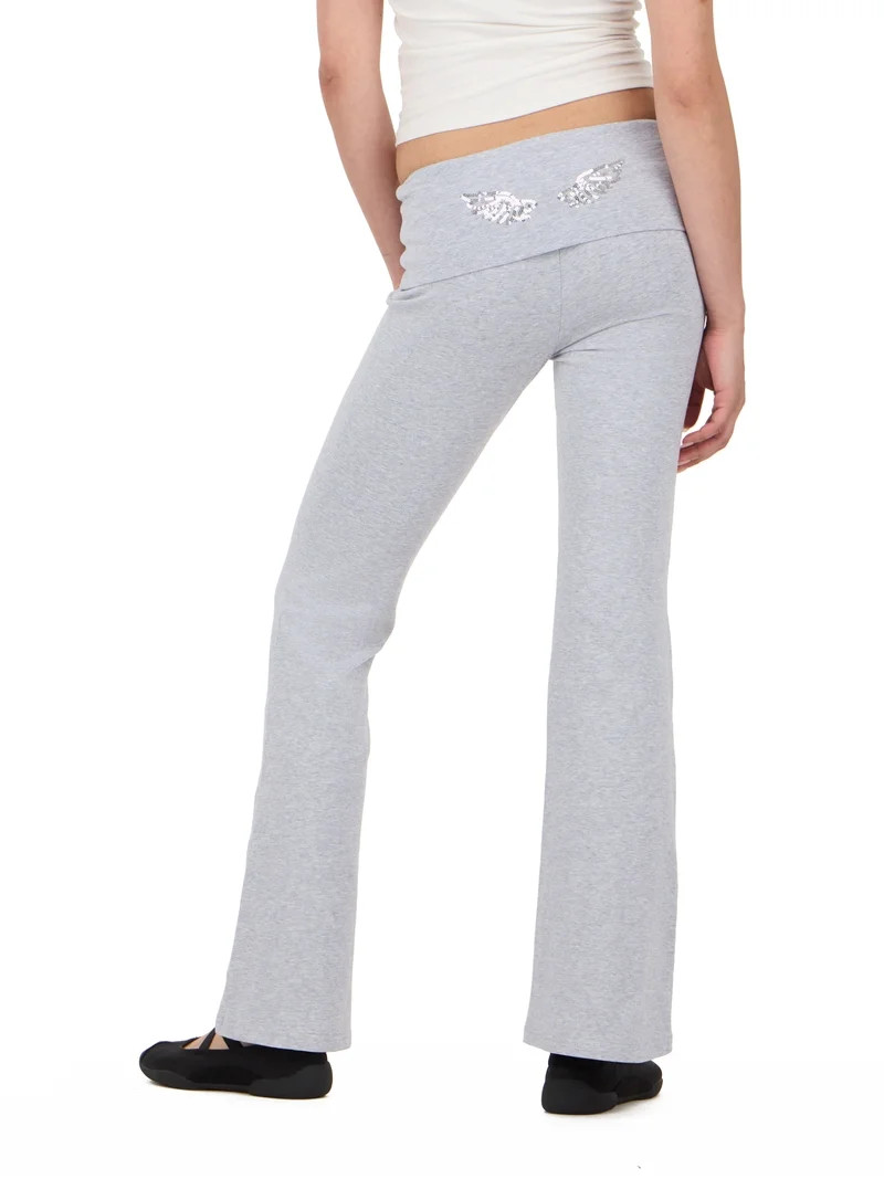 Forever 21 Women's Jersey Fold Over Waist Pants with Graphic Detail, Flare Leg Lounge Pants, Stre... | Walmart (US)
