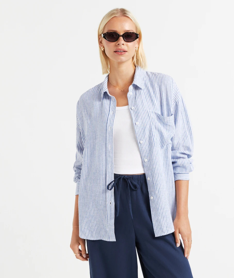 THE LINEN BLEND OVERSIZED STRIPE SHIRT | Sportsgirl