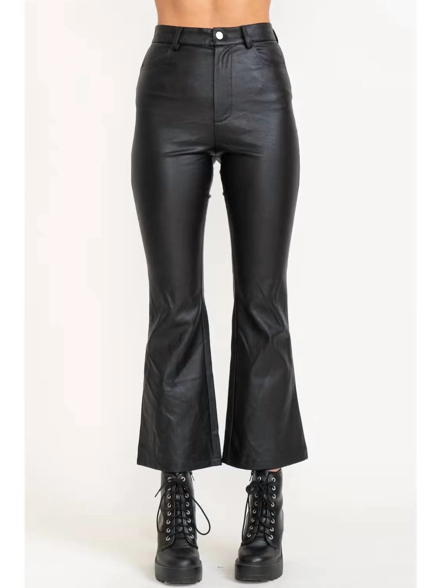 Pleather Flare Leg Pants In Black | Shop Simon