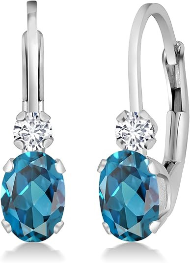Gem Stone King 14K White Gold London Blue Topaz and White Diamond Leverback Earrings For Women | ... | Amazon (US)