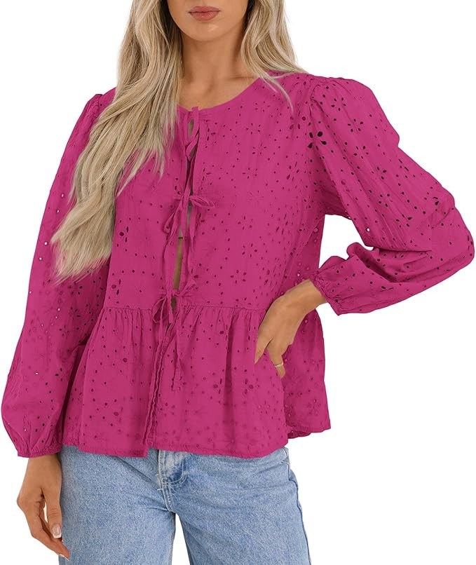 KIRUNDO Tie Front Tops For Women Eyelet Babydoll Puff Sleeve Shirts Peplum Top Cute Blouse 2024 F... | Amazon (US)