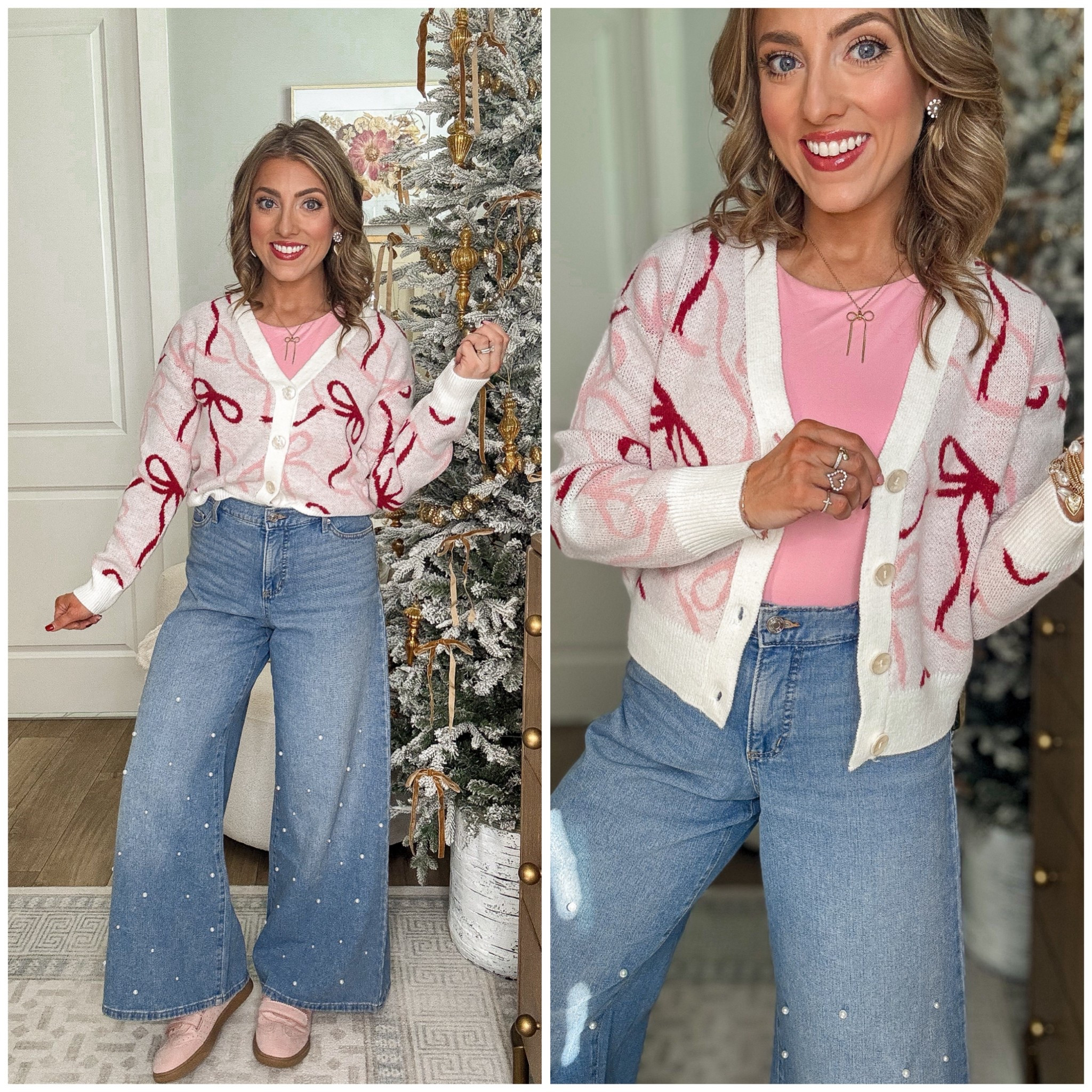 This Walmart bow cardigan is too good to pass up 🎀
So feminine, fun, and under $20 — it looks like a boutique find but at a Walmart price!

I love the all-over bow detail, soft knit feel, and flattering button-front style that makes it easy to wear open or closed. Styled here with wide-leg Walmart jeans and a simple tee for the perfect Valentine’s Day outfit, everyday mom look, or casual date night vibe.

✨ Under $20
✨ Soft + cozy knit
✨ On-trend bow print
✨ Easy to dress up or down

Everything is linked in LTK so you can shop this full head-to-toe Walmart outfit and all my favorite affordable fashion finds 🛒

#walmartfashion #walmartfinds #walmartstyle #walmartoutfit #bowcardigan #valentinesoutfit #affordablefashion #budgetfriendlystyle #everydaywear #casualchic #ltkfinds #ltkstyle