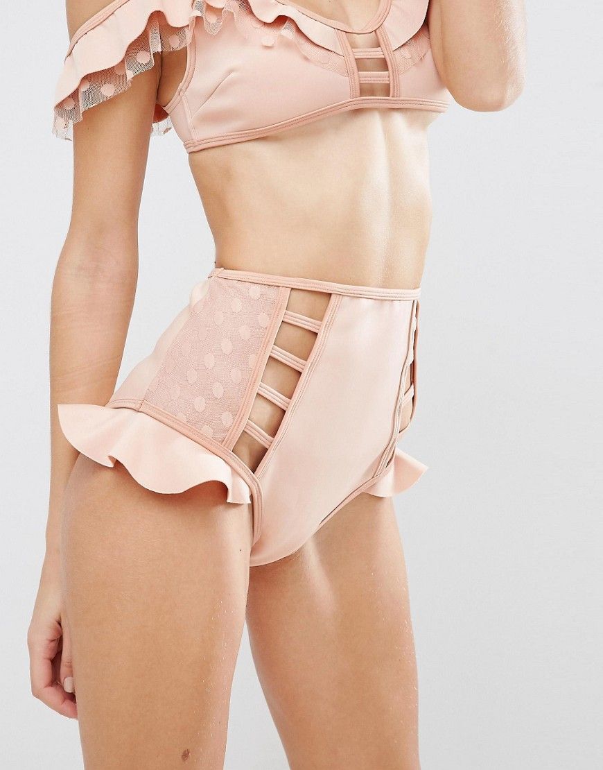 ASOS Neoprene Frill Dot Mesh High Waist Bikini Bottom - Pink | Asos EE