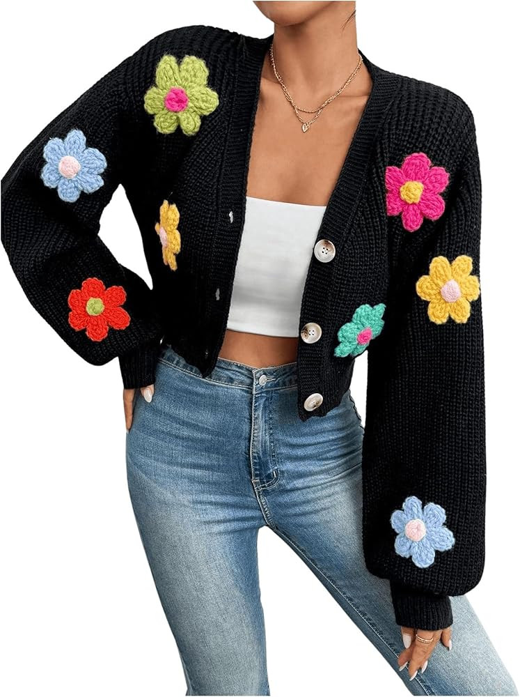 SHENHE Women's Button Down Lantern Sleeve V Neck Knitted Cropped Flower Cardigan Sweater | Amazon (US)