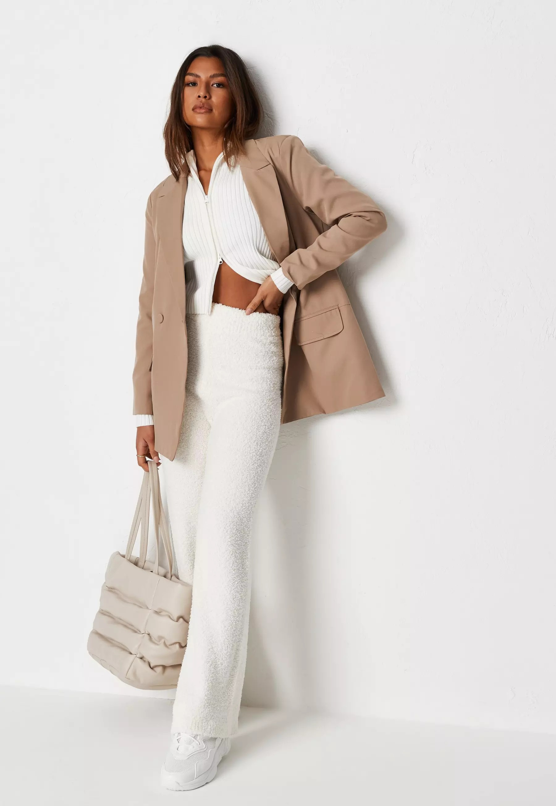 Recycled White Cosy Knit Wide Leg Pants | Missguided (US & CA)