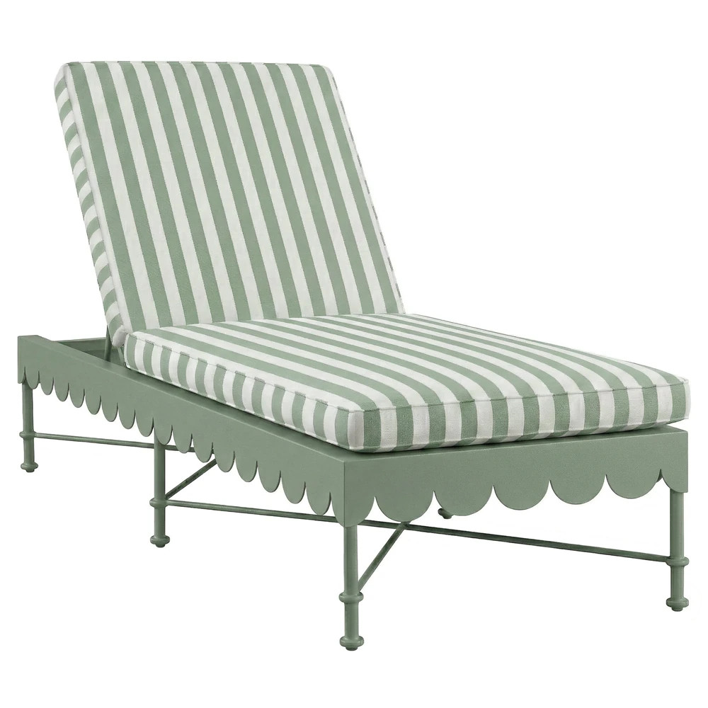 Delphine French Green Striped Sunbrella Aluminum Scalloped Outdoor Chaise | Kathy Kuo Home